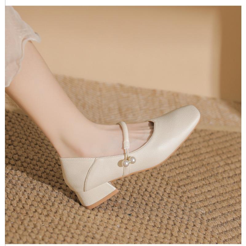 

Super soft leather low heel square head nude Mary Jane shoes cheongsam single shoes work leather shoes commuter women s shoes 35