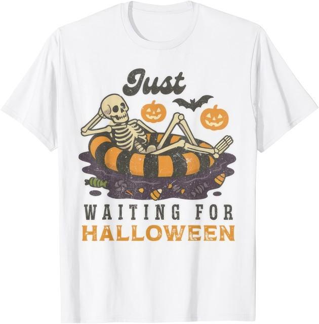 Just Waiting for Halloween Funny Skeleton Spooky Summerween Scary Fall T Shirt S