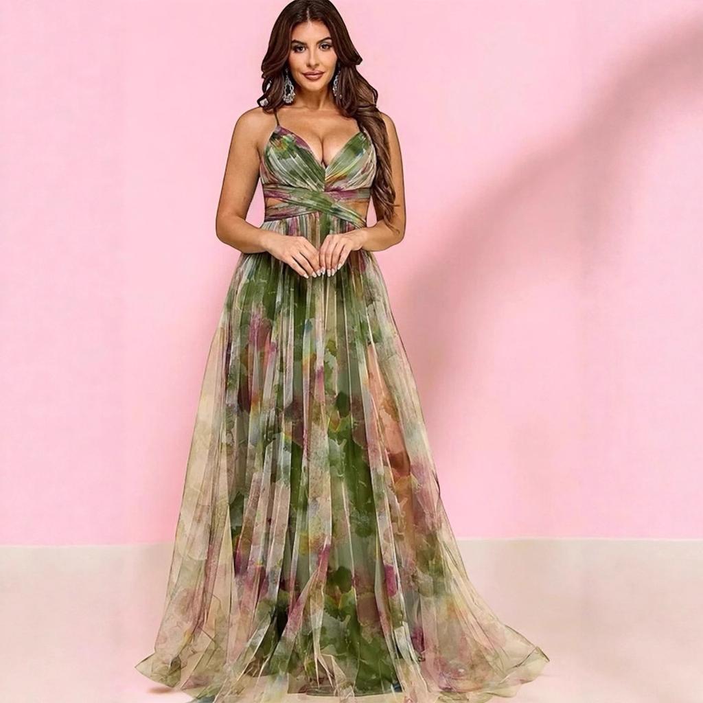 Jarní a letní nové síťované tištěné šaty na ramínka INS dovolenkové ležérní párty šaty