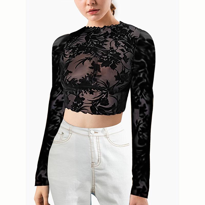 

Женская летняя футболка с длинным рукавом и круглым вырезом, черная сетчатая футболка с перспективой, топ с голым животом S чёрный