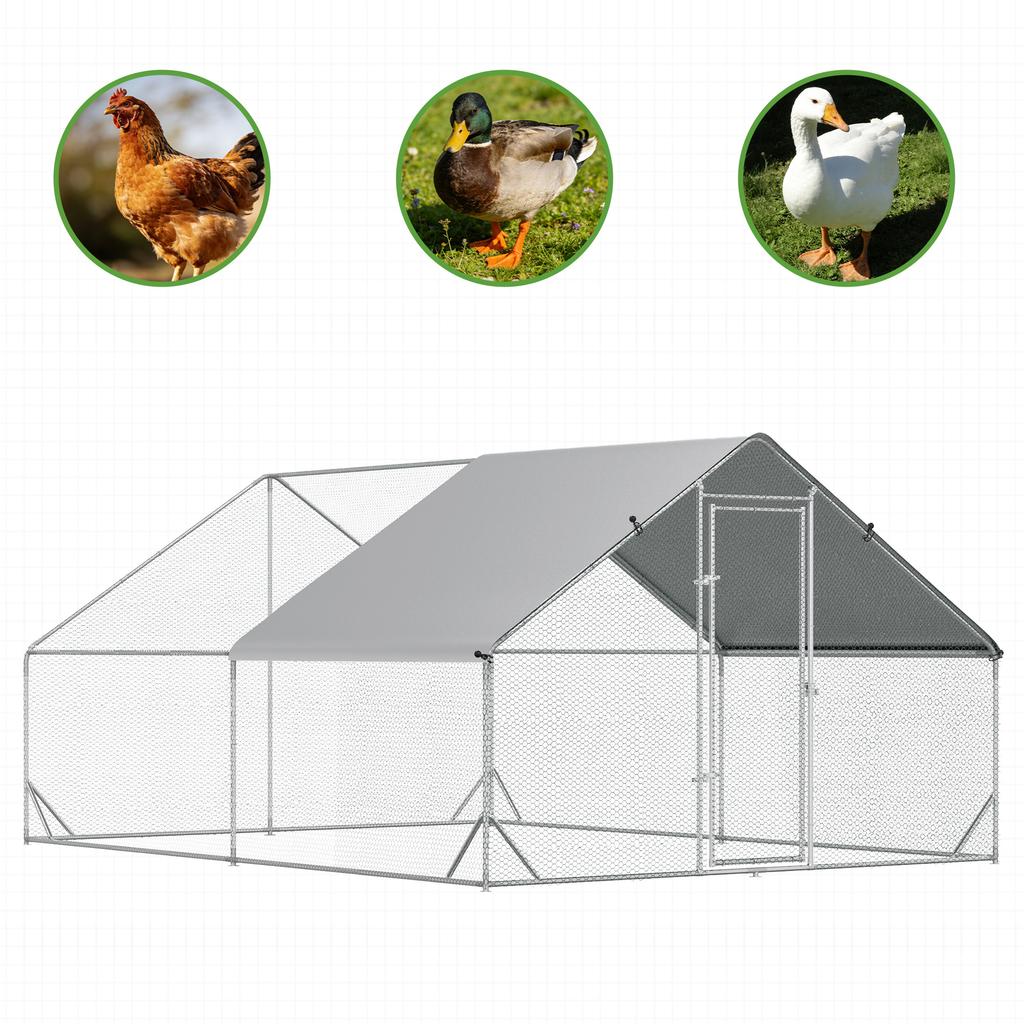 Garden Chicken Coop with Galvanized Frame, Waterproof Cover and Hexagonal Netting, 3x4x2 M, Silver