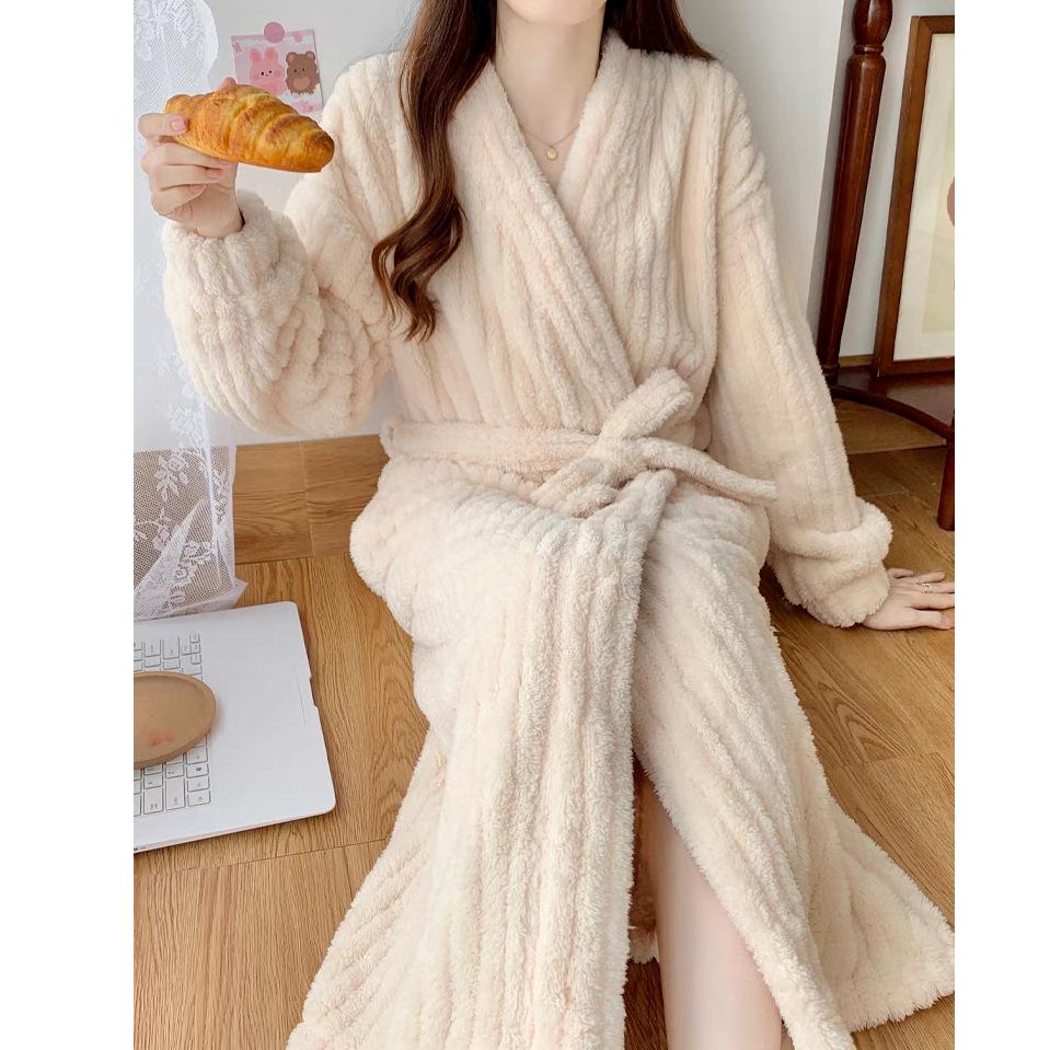 Women's 2025 Autumn/Winter Plush Pajama Set: Vertical Stripe Robe & Lined Nightgown