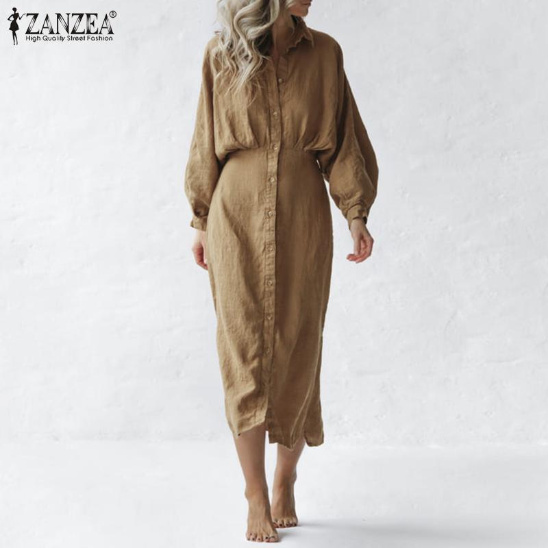 

ZANZEA Женское повседневное летнее платье с отложным воротником и длинными рукавами