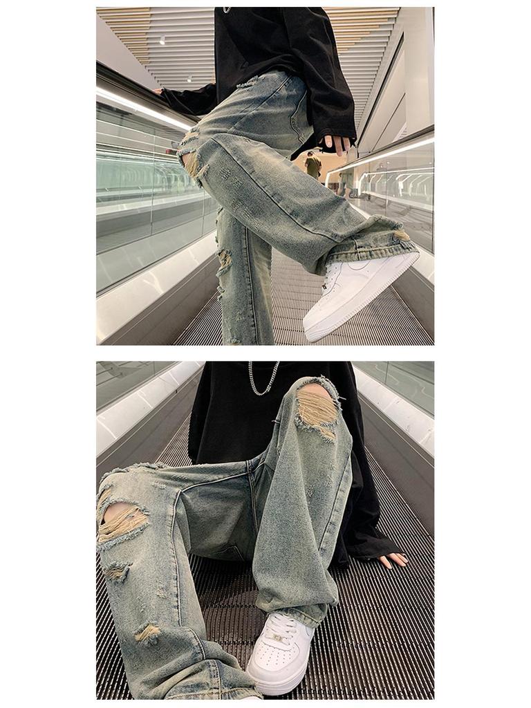 Summer Street Retro Ripped Washed Straight-Leg Jeans for Men and Women