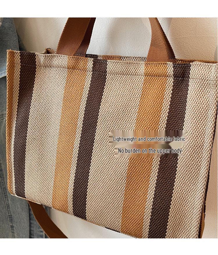 Women's Large Capacity Striped Canvas Tote Bag - Casual Shoulder Handbag