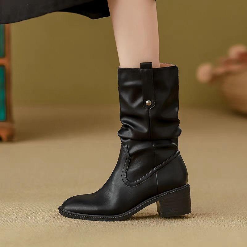 Round Toe Leather Ladies Mid Calf Shoes Fleece-Lined Middle Heel Women's Half High Boots New in Fashion 2025 Waterproof Y2k Boot