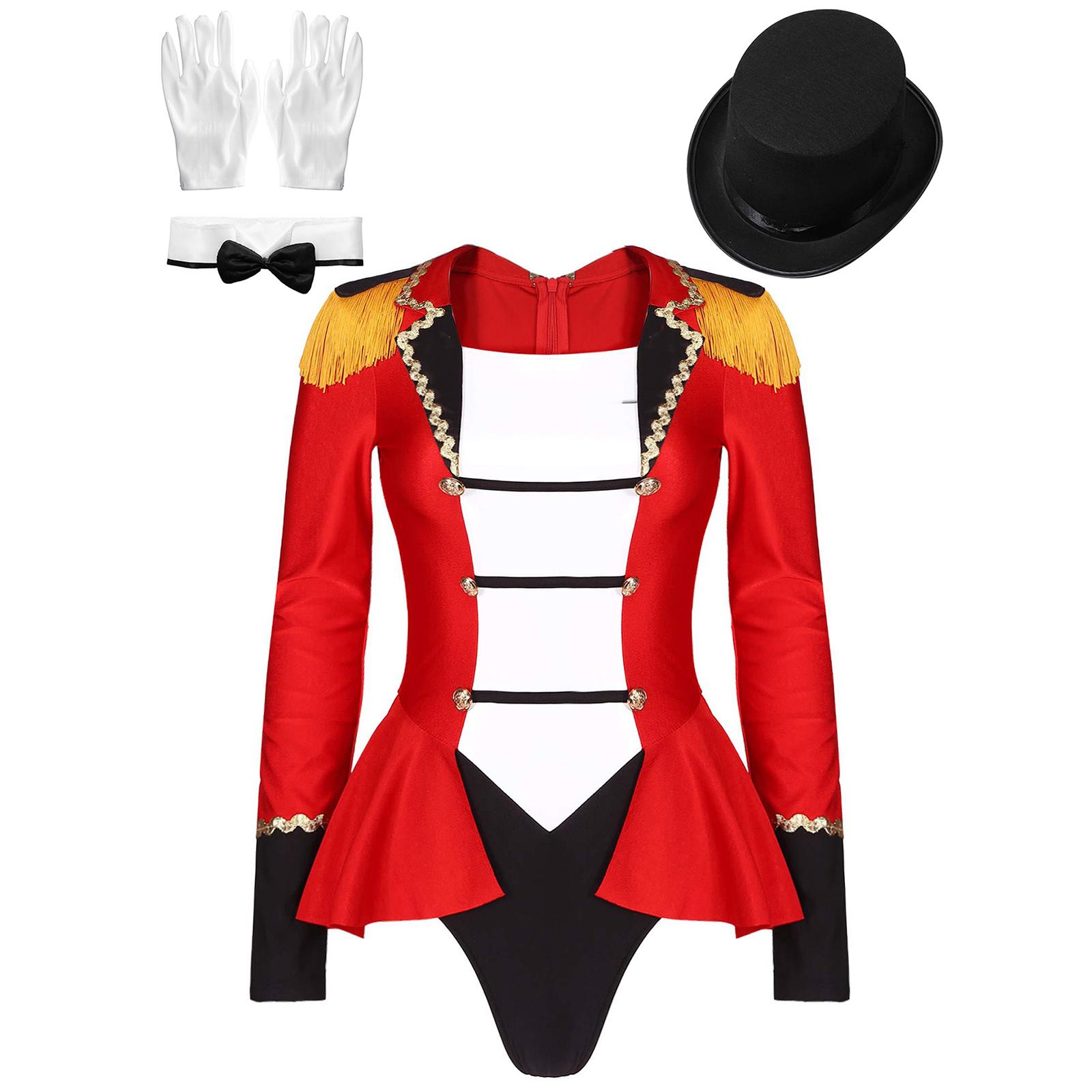 

Womens Lapel Ringmaster Bodysuit Set Fringed Shoulder Back Zipper Hat Bow Collar Gloves 3XL червоний