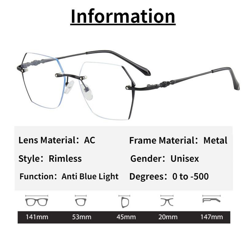 Myopia Glasses Women Fashion Polygon Metal Frameless Computer Eyewear Men Vintage Rimless Blue Light Blocking Eyeglasses 0~ -500