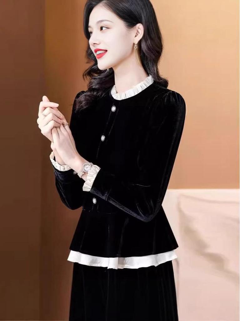 Women's Velvet Stand Collar Top – Elegant Slimming Long Sleeve for Autumn/Winter 2026