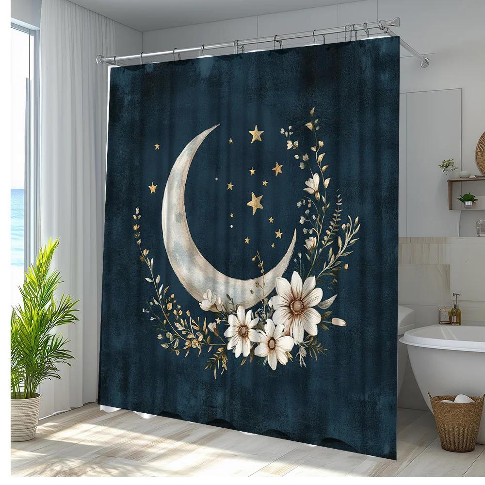 1pc Moon and Stars Shower Curtain with Floral Accents - Navy Blue Celestial Design, Premium Polyester Fabric 180x200cm