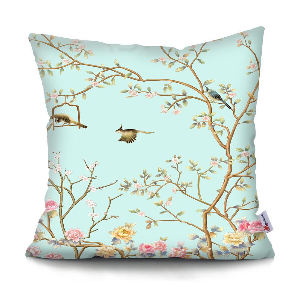 Square Chinese Landscape Painting Cushion Cover Vintage Plum Blossom Pillowcase