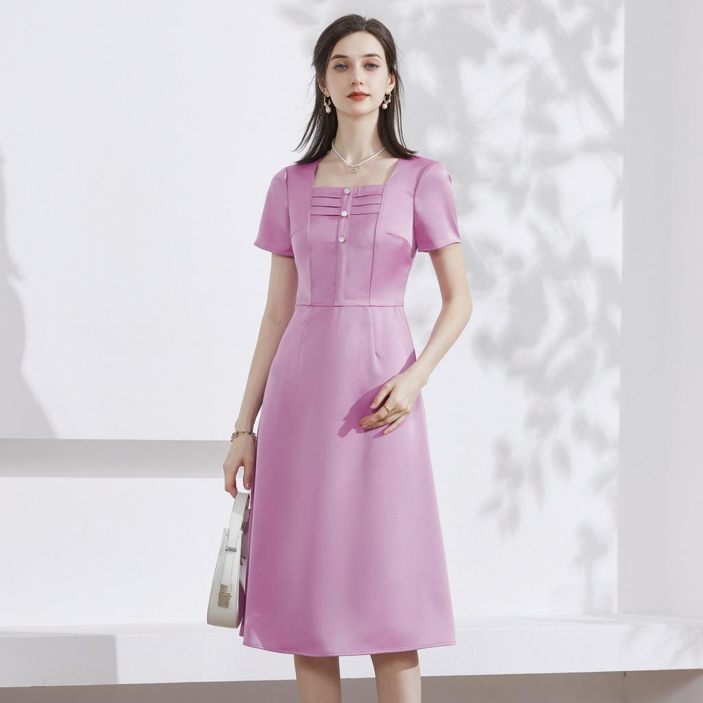 French Square Neck Pleated Dress