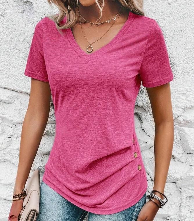 

Женские топы с боковыми сборками, нарядные повседневные летние футболки с коротким рукавом, V-образным вырезом, со сборками, базовые модные трендовые топы XL розы красного