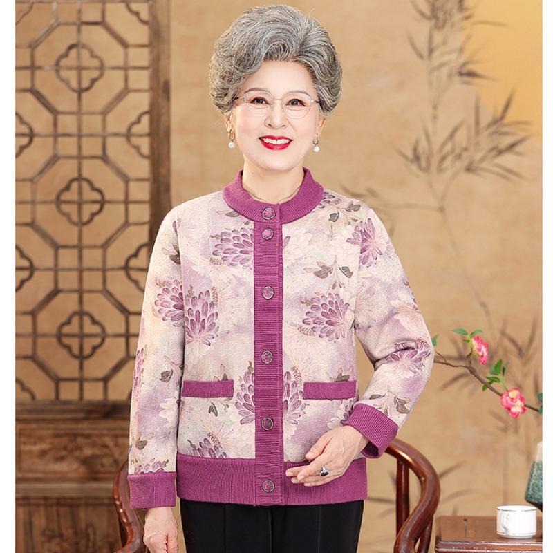 New mother spring and autumn clothing new middle-aged printed top-0-year-old middle-aged women's long-sleeved shirt
