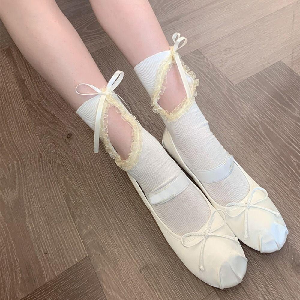 

Cotton Sweet Socks Women Hollow Out Lolita Ruffle Socks Ballet Bowknot Socks Match with A Skirt жовтий/чорний