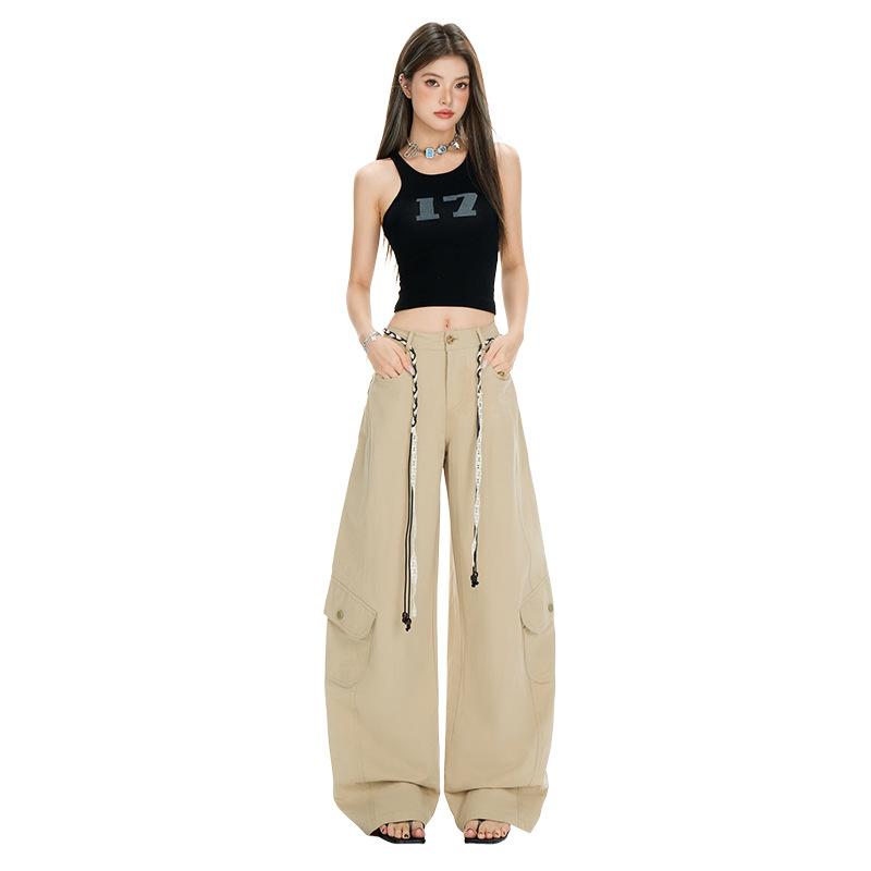 Khaki American street loose wide-leg pants for women, summer lazy style work pants, high-waisted casual curved knife sports pants