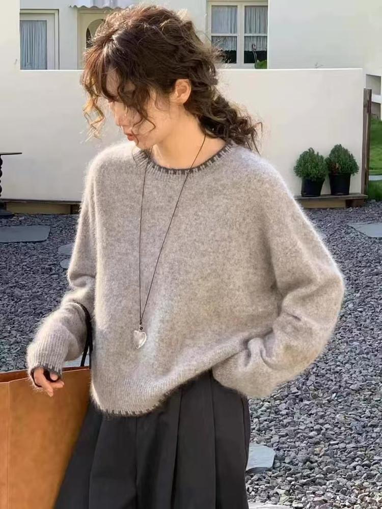 Autumn And Winter New Gray Soft Waxy Sweater Lazy Wind Loose Knitting Base 100% Wool Sweater Women'S Crew Neck