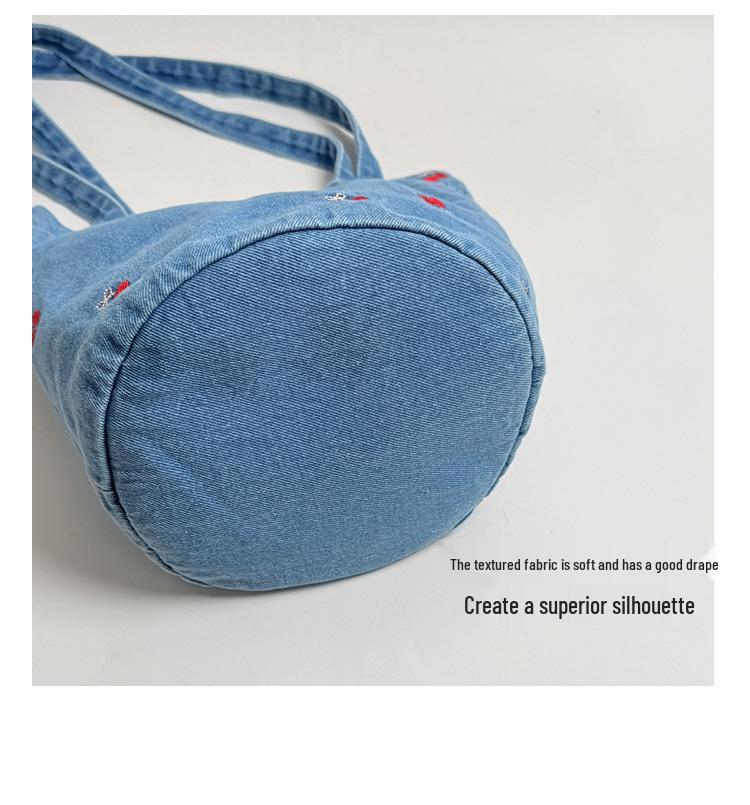 Korean Canvas Embroidered Denim Bucket Bag - Summer 2026 Women's Casual Handbag