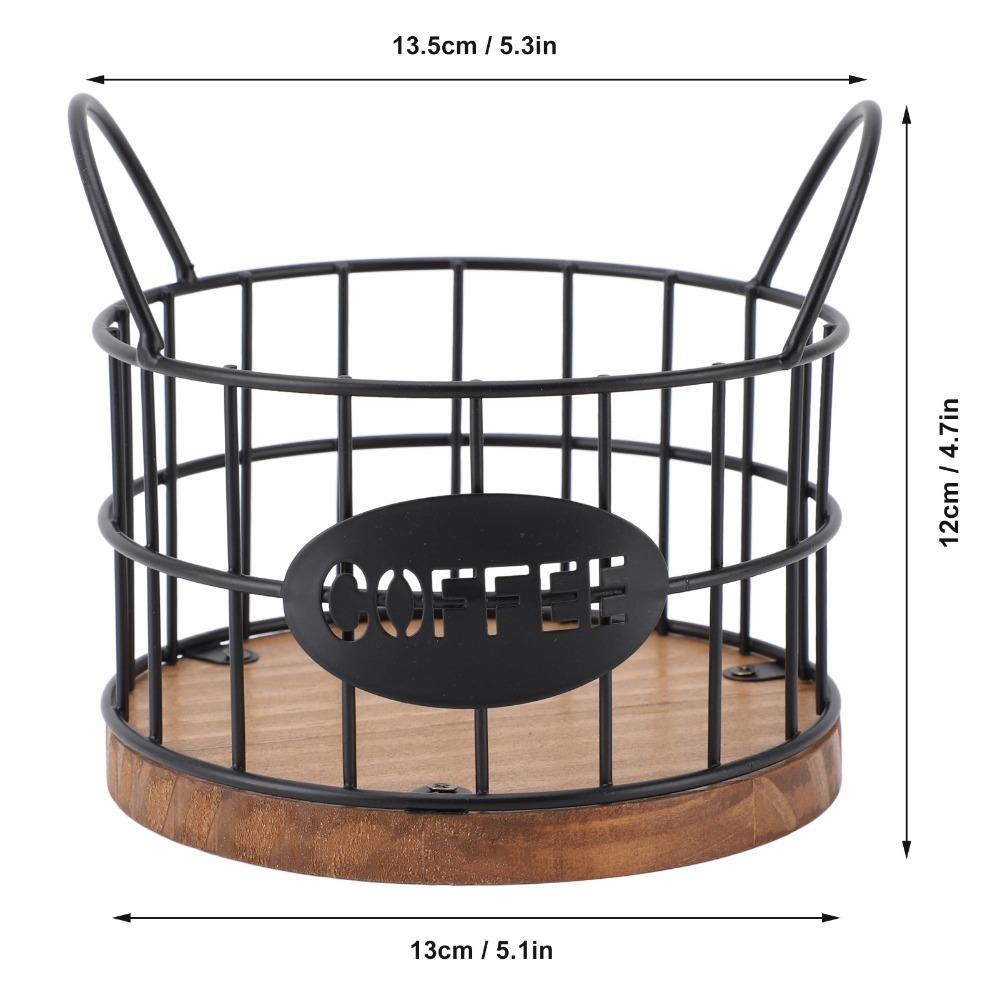 Round Iron Wire Coffee Pod Basket Wooden Base Large Capacity Coffee Capsule Holder Metal Wire Black Coffee Pods Storage Basket