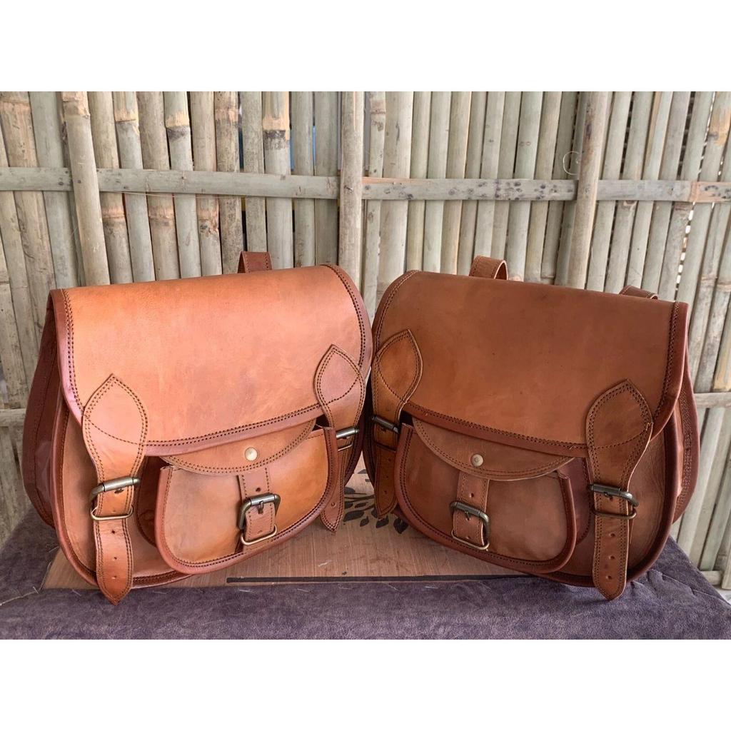 Large Motorcycle Pair Goat Leather Saddle Bags Luggage 2 Brown Bag