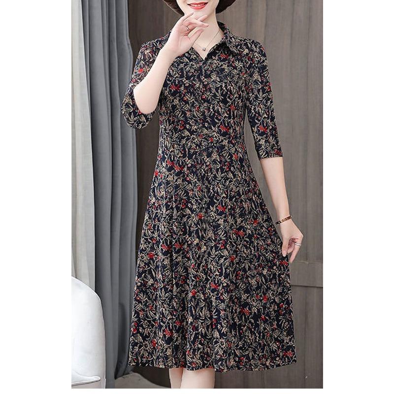 New Mother Suit Summer 7-quarter Sleeve Floral Dress Shirt Collar Mid-length Large Size Middle-aged Women's Clothing