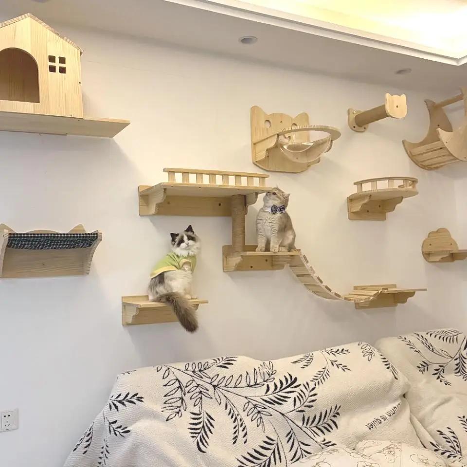 Wooden Cat Tree Wall-mounted Cat Shelf Hammock Cat Scratching Post Sisal Steps and Perches Cat Sleeping Playing Climbing