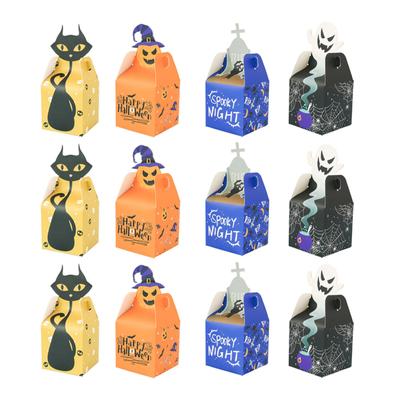 12pcs Halloween Paper Treat Boxes Trick-or-treat Gift Bags For Candy Cookie Chocolate Donuts Cakes
