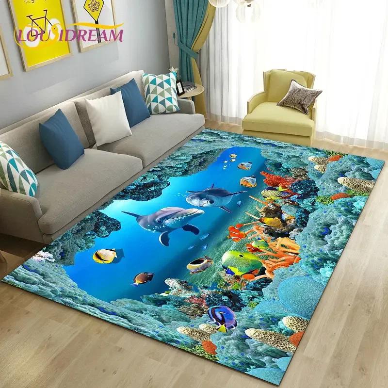 Seabed Illusion Underwater World  Dolphin Shark  Area Rug ,Carpet Rug for Living Room Bedroom Sofa Doormat Non-slip Floor Mat
