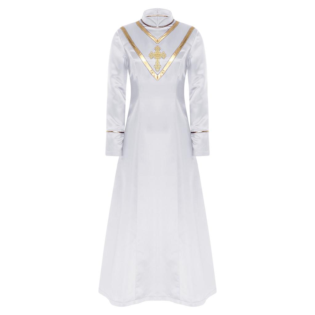 Tuniche da Sacerdote Clerico Ricamate con Croce Manica Lunga Zip Posteriore Lunga