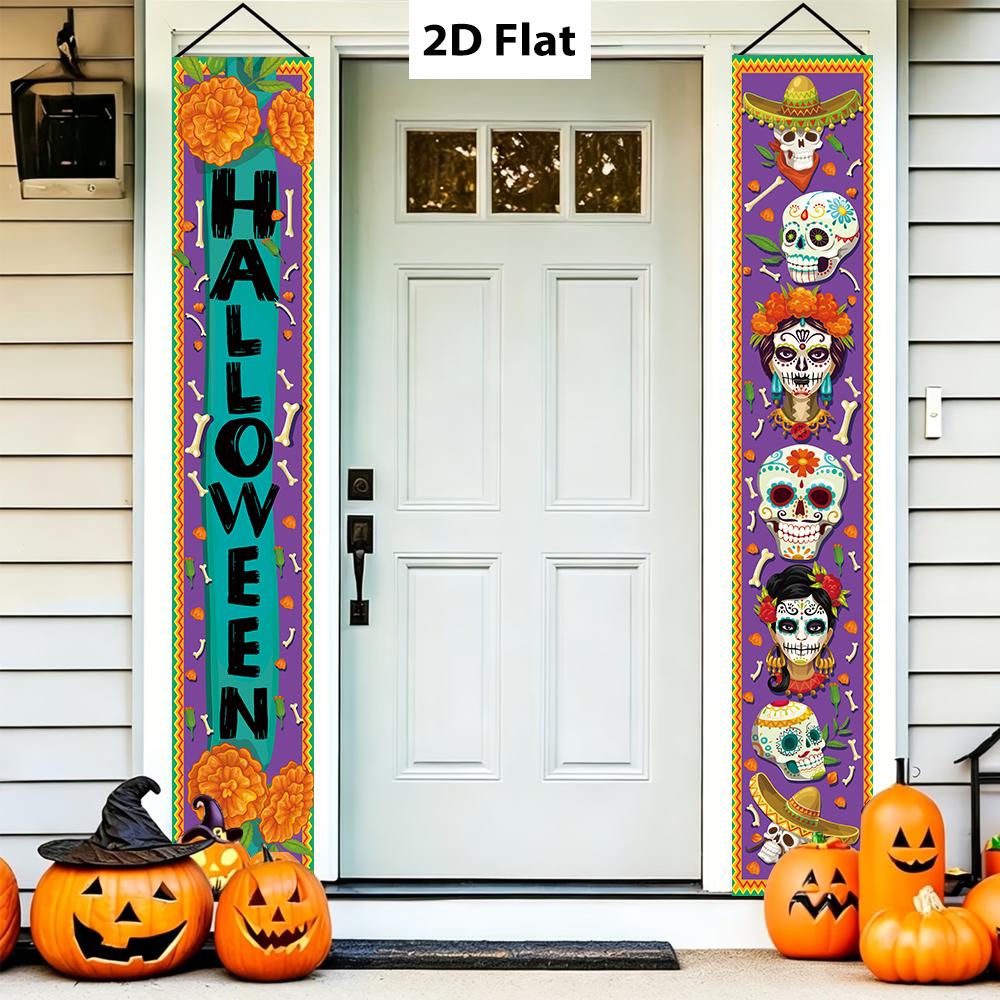 Day Of The Dead Halloween Porch Banner Set Polyester Sugar Skull Marigold Hanging Sign For Front Door Wall Home Outdoor Decor
