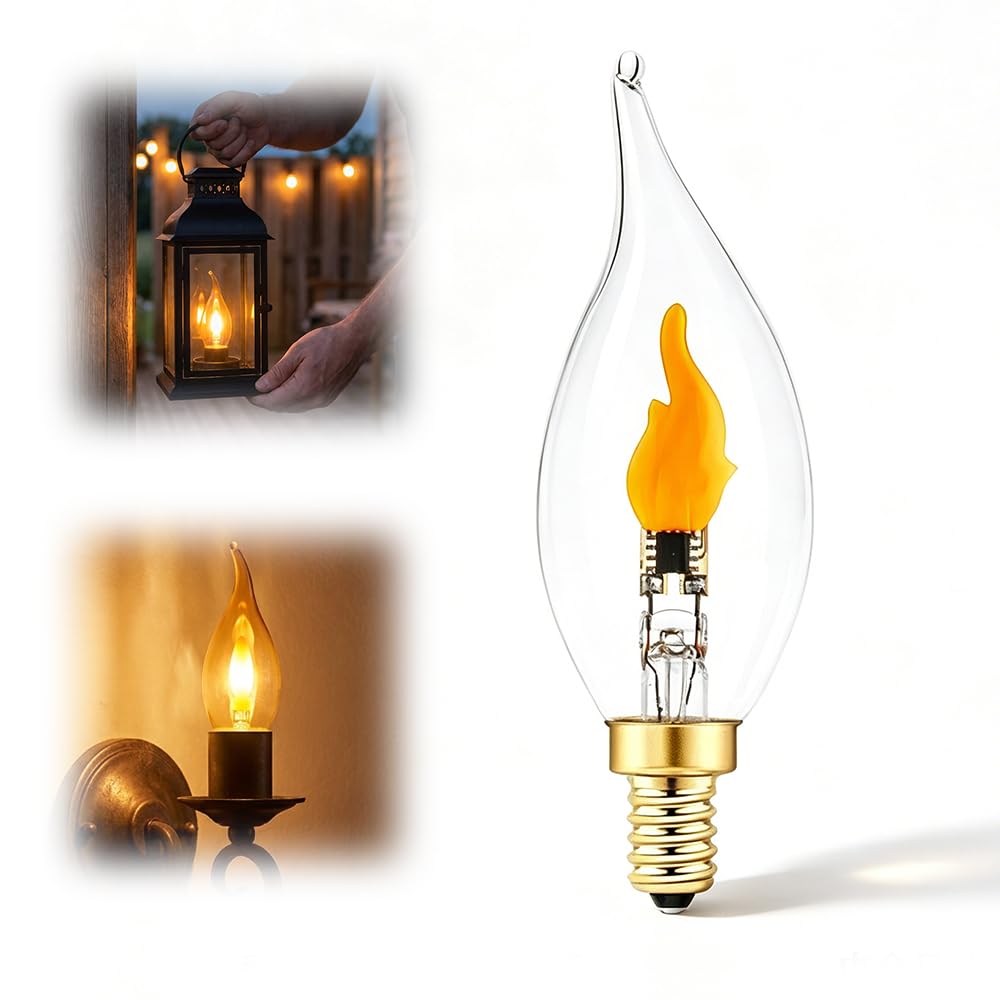 E12 Candelabra Flame Light Bulbs, Realistic Flickering LED Fire Light Bulb, Clear Glass Candle Style Flicker Bulb for Lantern, Chandelier, Halloween