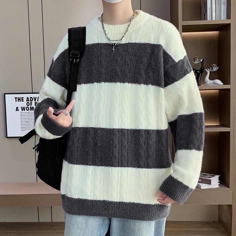 Men's Trendy Striped Cable Knit Sweater - Autumn/Winter 2025 Loose Warm Woolen Base Layer.