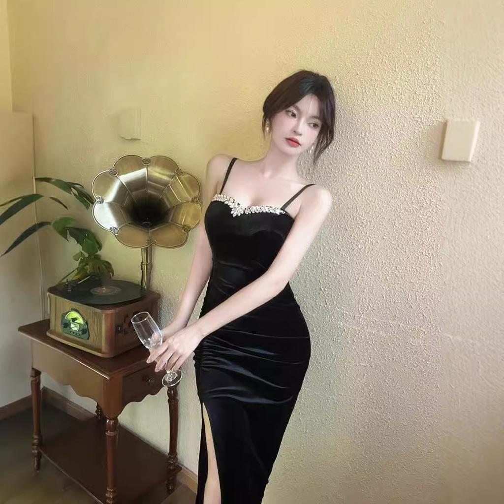 Heavy Industry Decorative Golden Velvet Suspender Dress Sexy Elegant Slim Slimming Evening Dress Long Dress