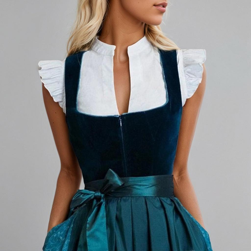 Women Short Sleeve Cropped Blouse with Ruffle Sleeves V Neck Button Front Bavarian Style Shirt for Festivals and Events
