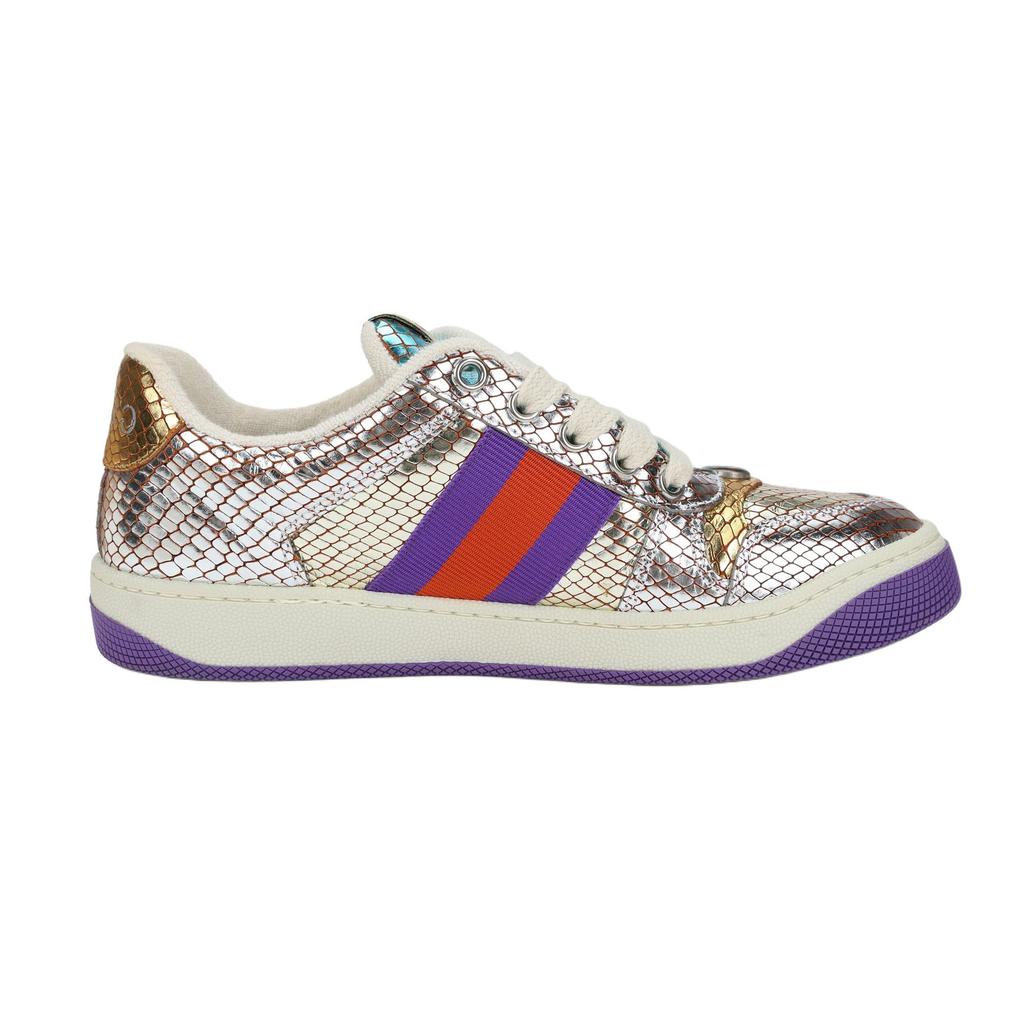 Gucci Screener Leather Skateboard Shoes Women's Silver Purple 627833 18L40 8160