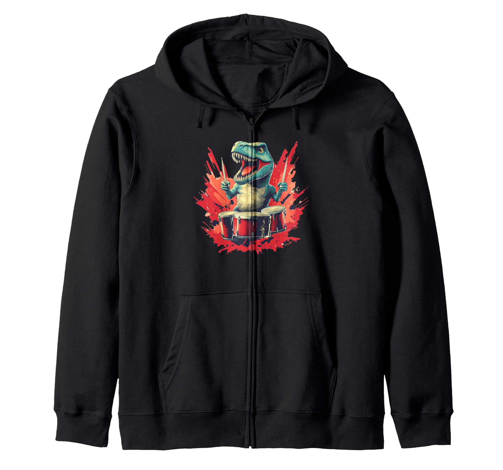 A prehistoric drummer dinosaur for roaring sounds. Zip-up hoodie.