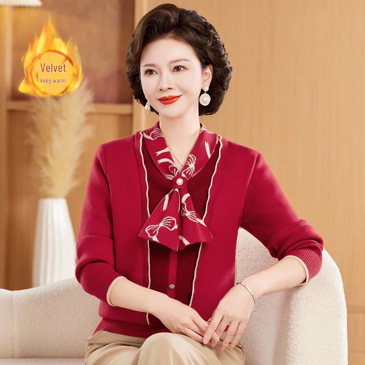 

Mother s Winter Velvet Bow Knitwear: Stylish Thickened Sweater for Middle-Aged and Elderly Women 3XL [For 135-145 lbs]
