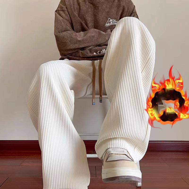 Men's Autumn Winter Fleece-Lined Corduroy Pants Oversized Sporty Bell Bottoms Thickened Straight-Leg Pants Casual Style