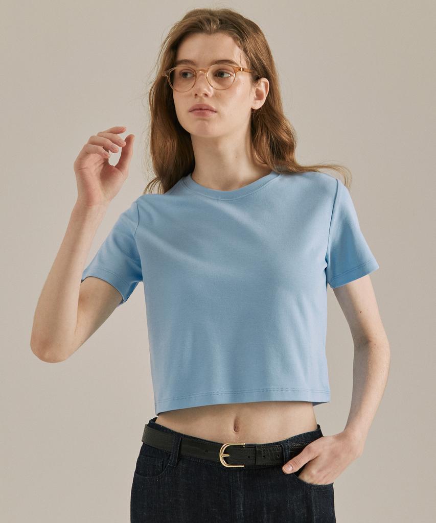 BASIC HOUSE Women'S Round Crop Short Sleeve T-Shirt Blue Lats0202