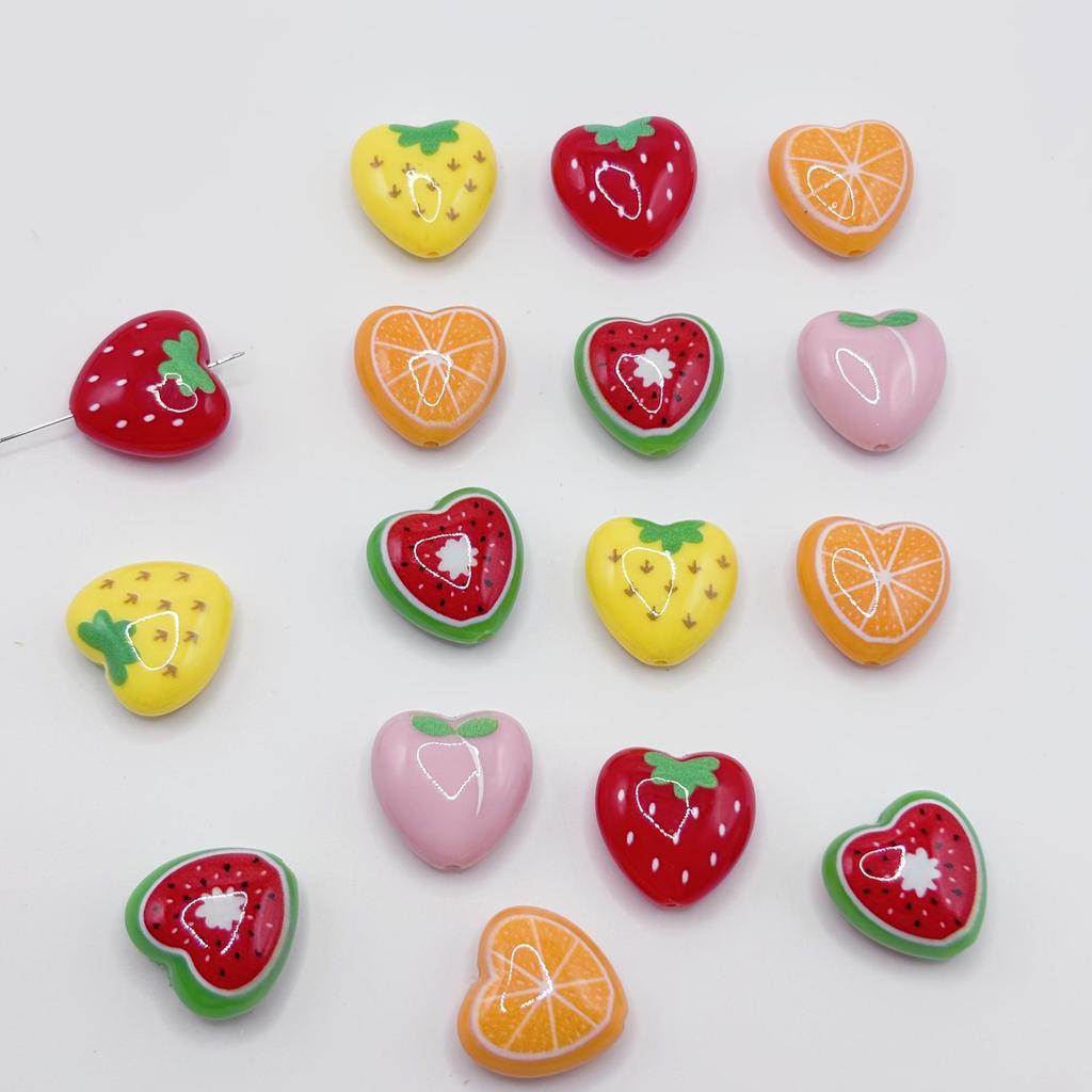 10 Heart-shaped Acrylic Spacer Beads with Mixed Fruits, Suitable for Necklaces, Bracelets, Earrings, and DIY Crafts.