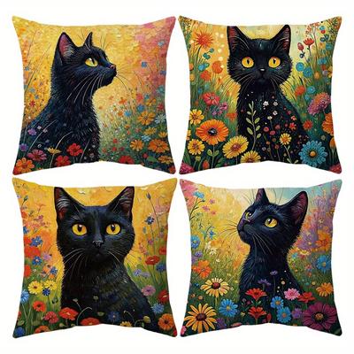 Artistic Black Cat - Floral Oil - Painting Pillow CoversLiving Room Sofa Cushion Cover, Soft and Comfortable, Room Decoration
