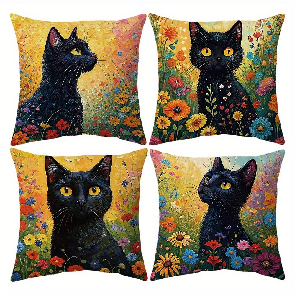 Artistic Black Cat - Floral Oil - Painting Pillow CoversLiving Room Sofa Cushion Cover, Soft and Comfortable, Room Decoration