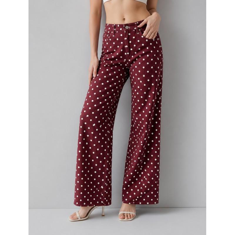 Polka Dot Loose Fit Mid-Rise Straight Leg Denim Jeans Women Comfortable Casual Style