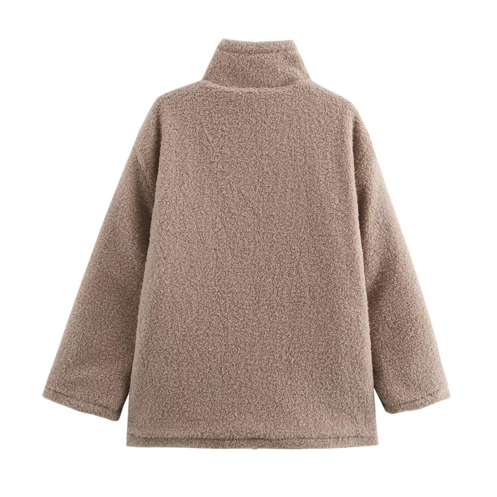 Women's 2024 Winter Camel Lambswool High Neck Zip Jacket with Side Stripe