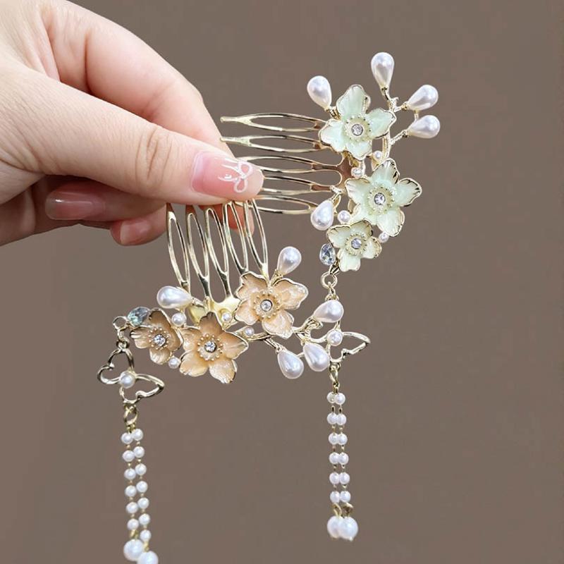 Chinese Tassel Hair Comb Floral Pearl Tassel Hairpin Vintage Hanfu Hairpin Retro Hair Accessory For Women Party Cosplay Decor