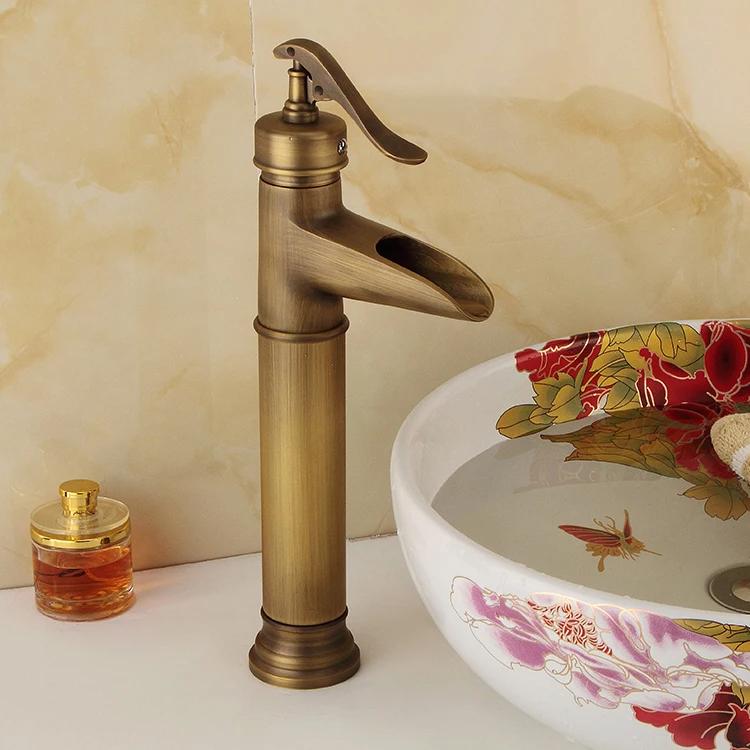 Antique Gold Single Hole Single Handle High Size Deck Mounted Bathroom Basin Wash Hot and Cold Faucet