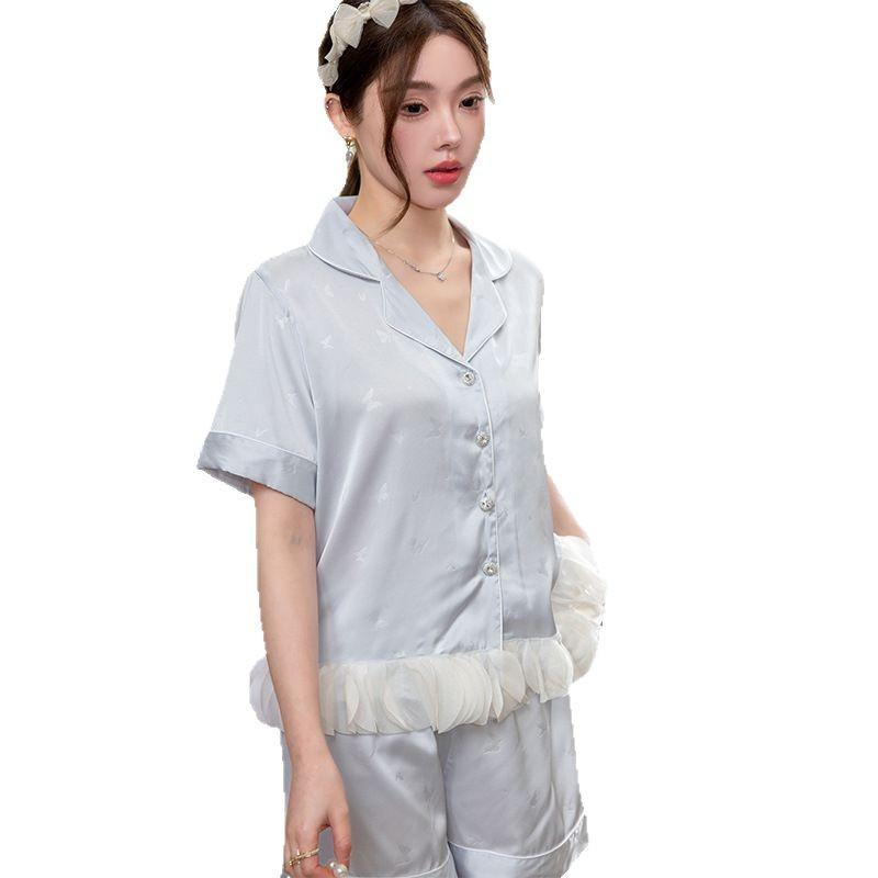 Ice silk pajamas women's summer thin sweet style temperament lotus leaf edge short-sleeved suit high-end sense can be worn outside loungewear