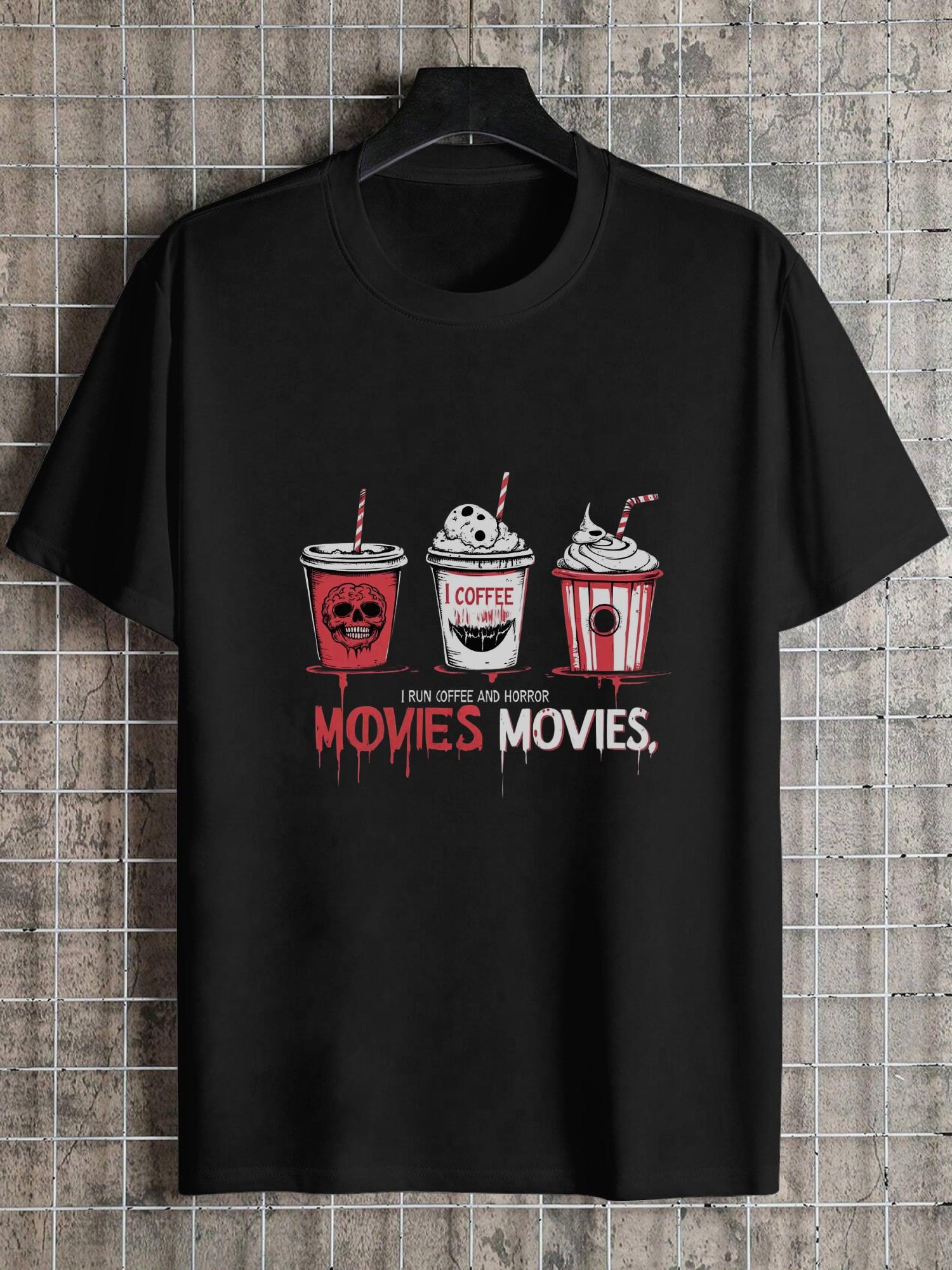 

Horror Movie & Coffee Lover Graphic Tee - Black T-shirt with Red Drip Effect Cup Designs - Heavyweight 180gsm Cotton Crew Neck Shirt for Halloween S
