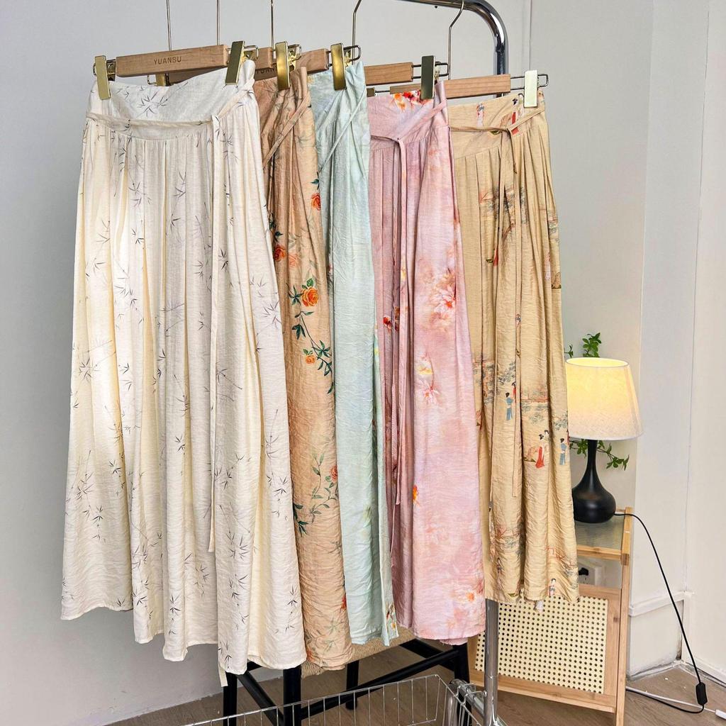 Qooth Hanfu waist wrap skirt  Cotton Linen Printed Pleated Skirt Elegant Vintage Skirt QT2187