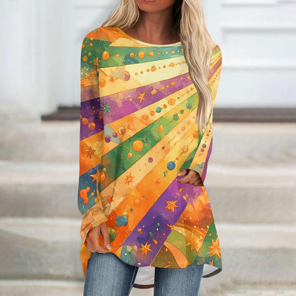 Women's Fashionable Round Neck Raglan Long Sleeved Carnival Printed Casual Pullover Top